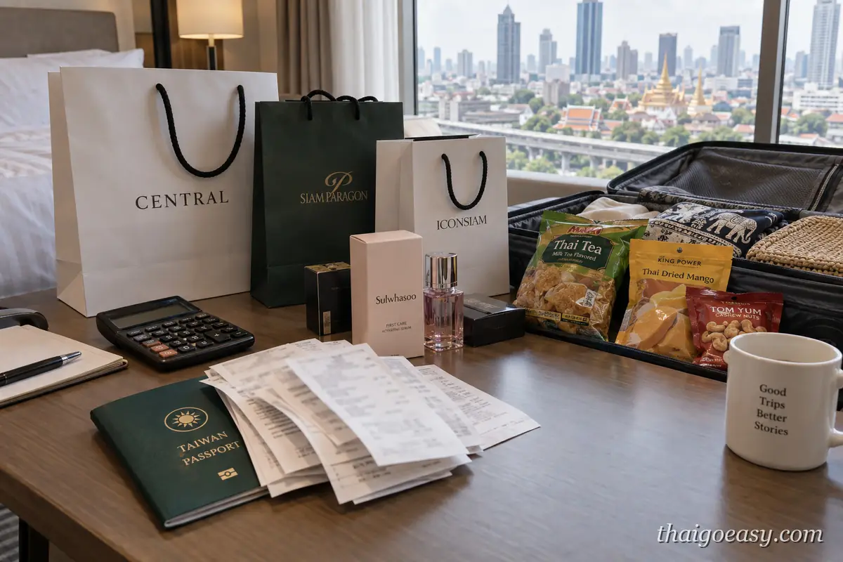 曼谷飯店桌上攤開的購物收據、計算機與台灣護照，旁邊是 Central、Siam Paragon、ICONSIAM 購物袋與零食