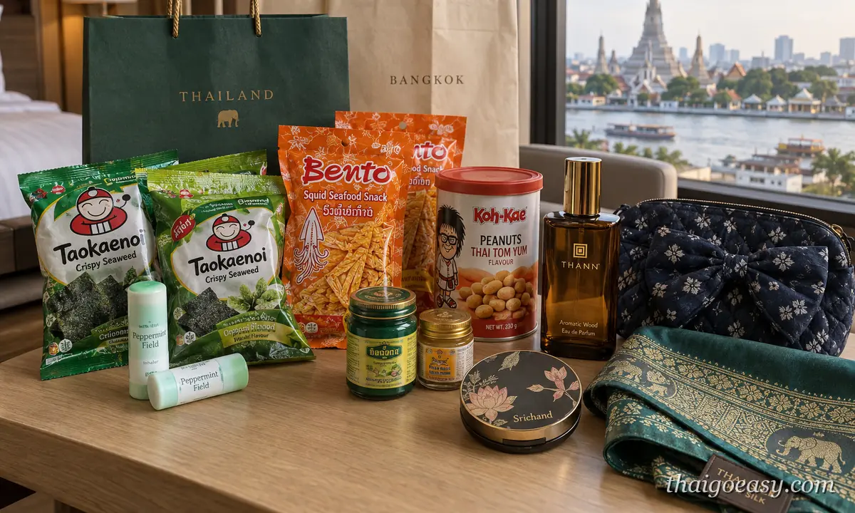 泰國必買品牌戰利品：小老闆海苔、Bento 魷魚片、大哥豆、THANN 香氛、Srichand 蜜粉、青草膏與泰絲，背景是曼谷鄭王廟河景（精選圖用）