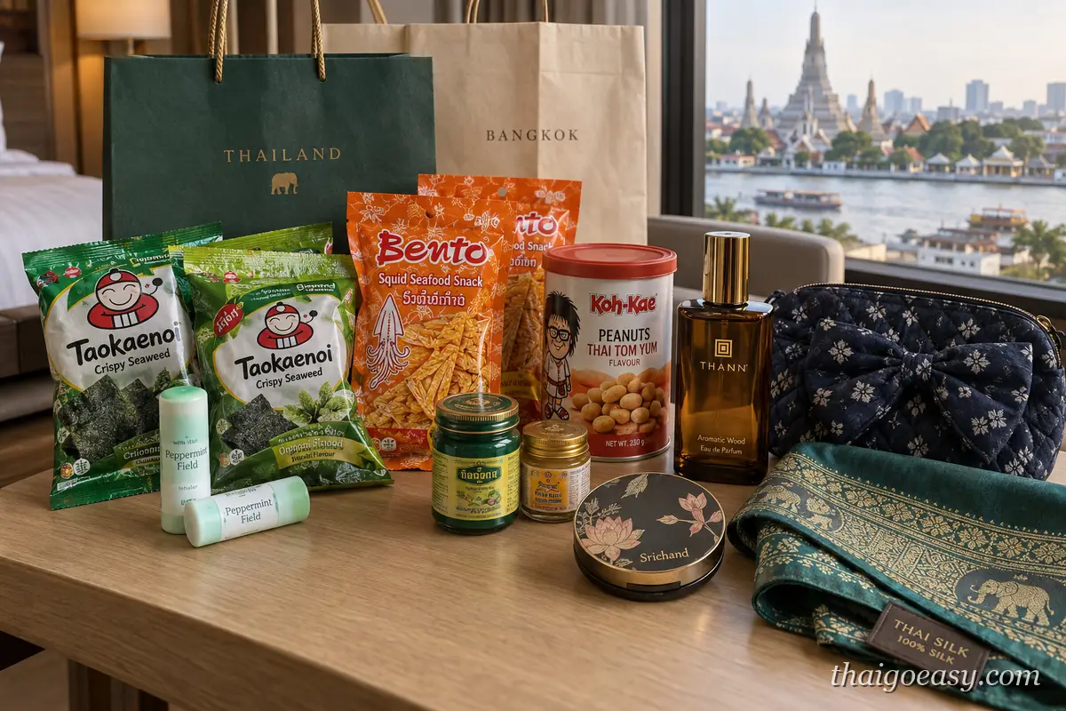 泰國必買品牌戰利品：小老闆海苔、Bento 魷魚片、大哥豆、THANN 香氛、Srichand 蜜粉、青草膏與泰絲，背景是曼谷鄭王廟河景