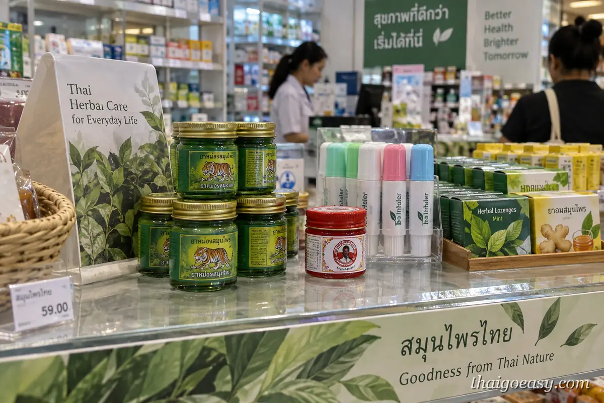 泰國藥局的泰式草本專區：綠色青草膏、紅色藥膏、薄荷吸鼻棒與草本喉糖陳列
