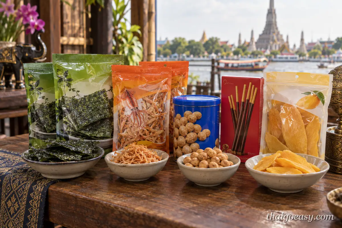 泰國零食必買攤開：海苔、魷魚片、裹粉花生、Pocky 與芒果乾，背景是曼谷鄭王廟河景