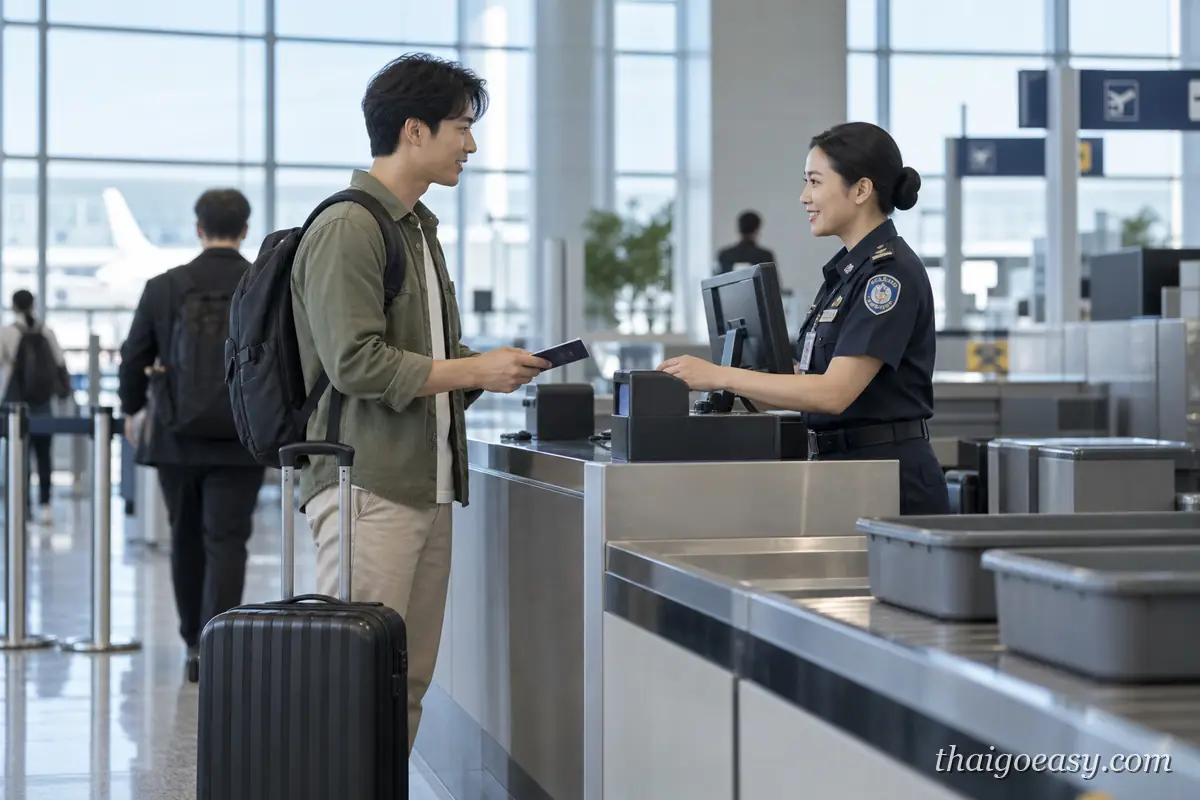 旅客在機場檢查櫃檯向海關人員出示文件，旁邊是行李箱
