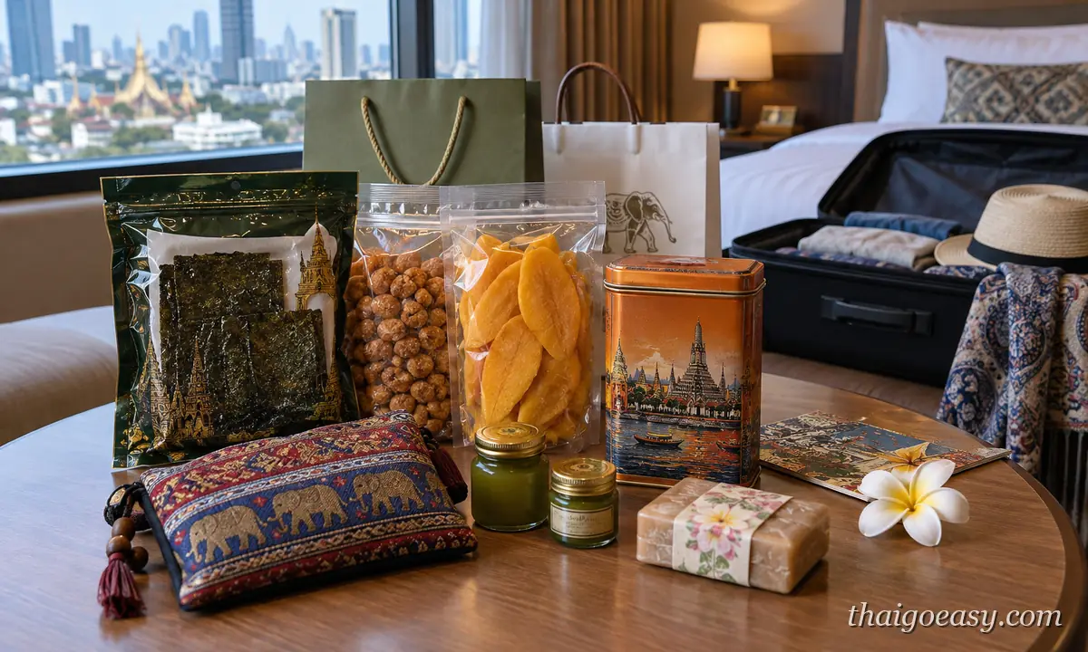 泰國必買伴手禮攤在曼谷飯店桌上：海苔、裹粉花生、芒果乾、手標泰奶鐵罐、青草膏、大象布包與香皂（精選圖用）