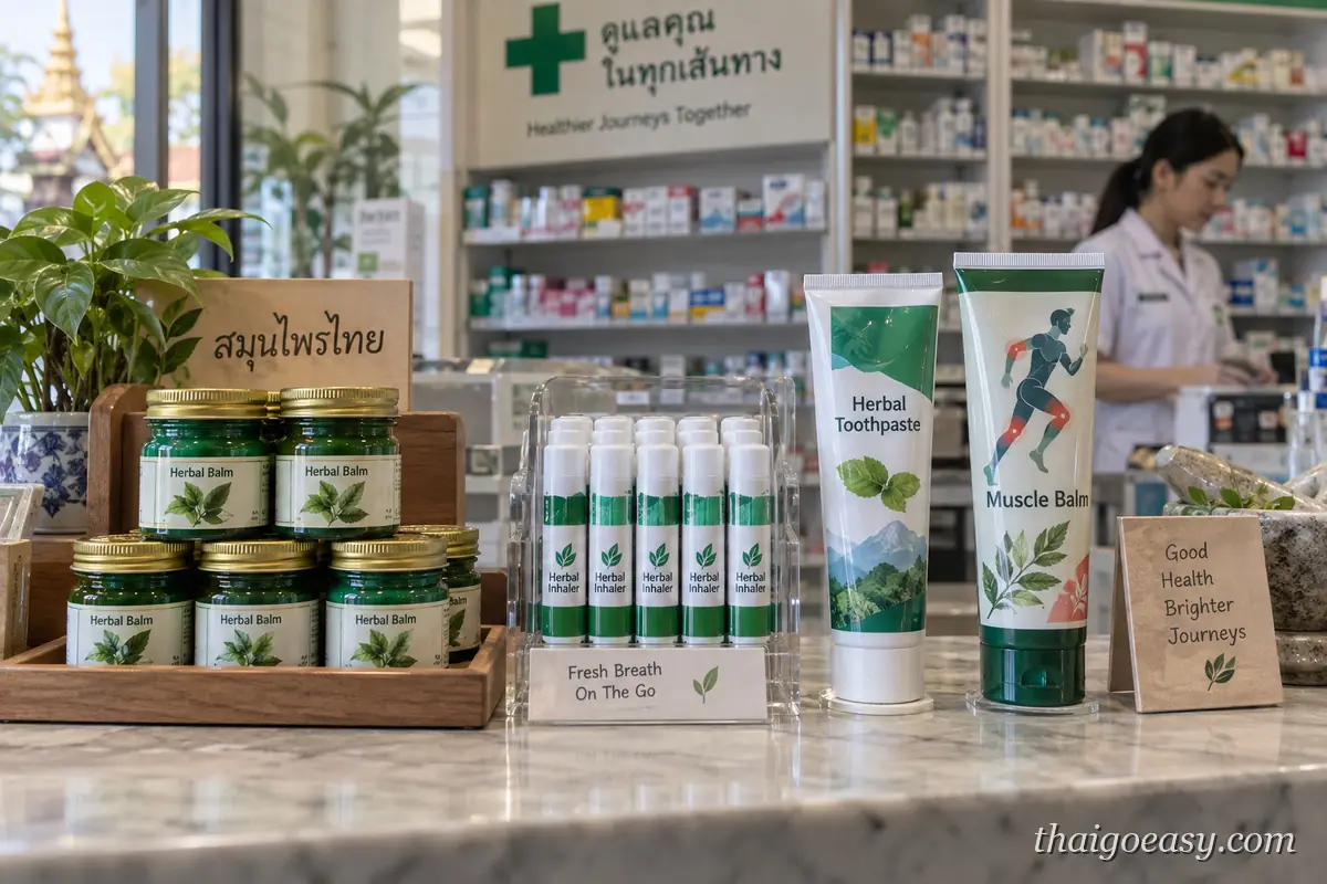 泰國藥局的泰式草本專區：青草膏、吸鼻棒、草本牙膏與痠痛軟膏陳列