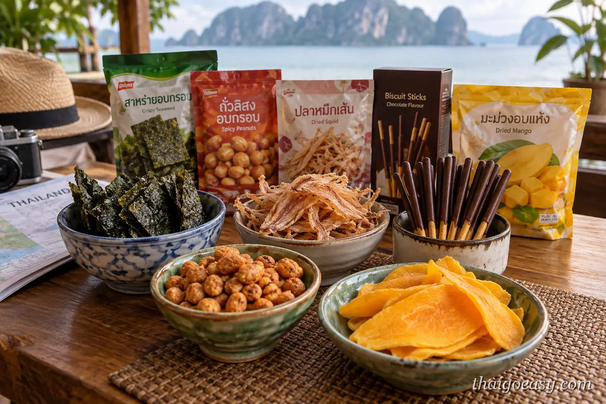 泰國零食擺盤：海苔、裹粉花生、魷魚絲、Pocky 與芒果乾，背景是海灣