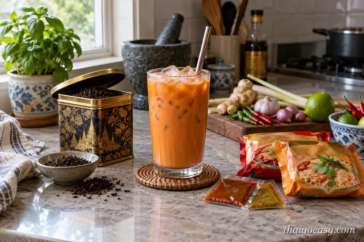 一杯泰式奶茶配手標茶葉鐵罐與 MAMA 泡麵、調味包，廚房流理台上