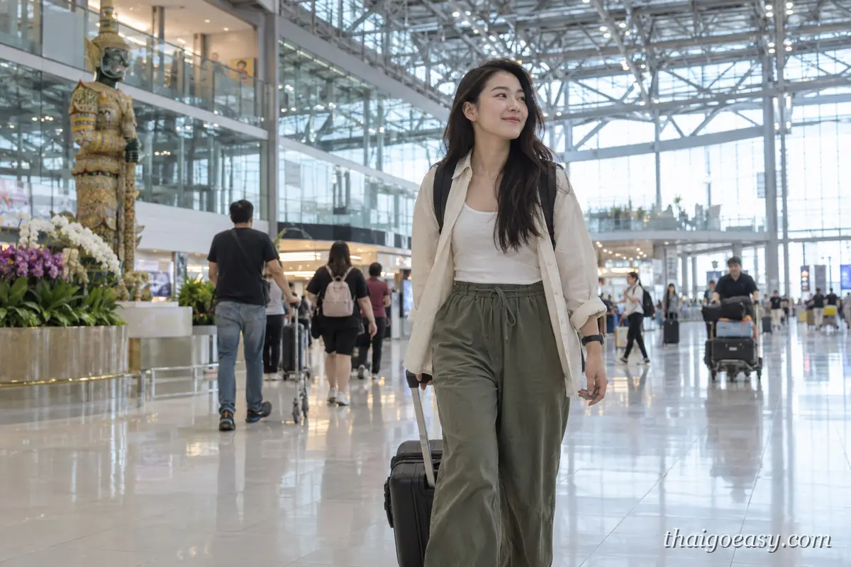 女性旅客拖著行李箱走過素萬那普機場挑高的航廈大廳，左側是泰式金色神像