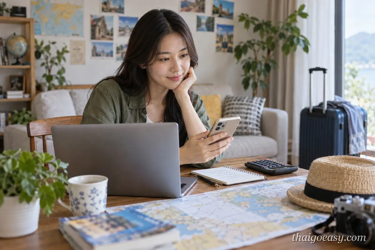 女性在家用筆電與手機比較機票價格，桌上攤著地圖、筆記本與計算機