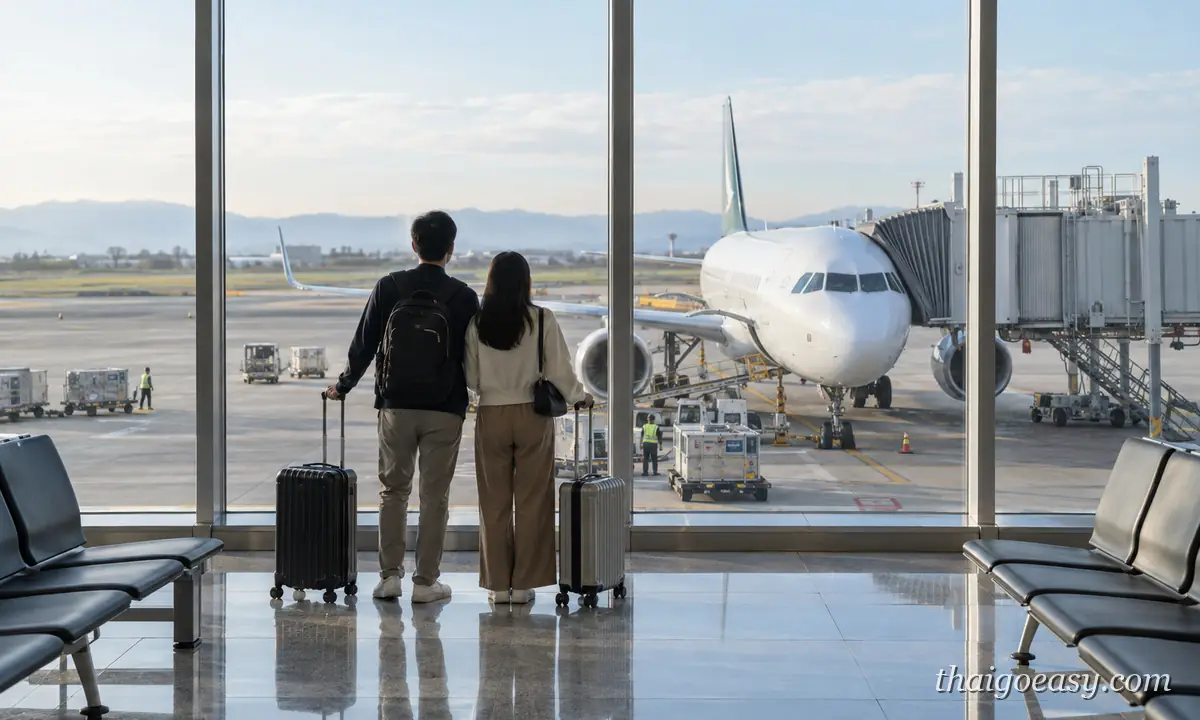 一對旅客在機場候機室落地窗前看著停機坪上的客機（精選圖用）