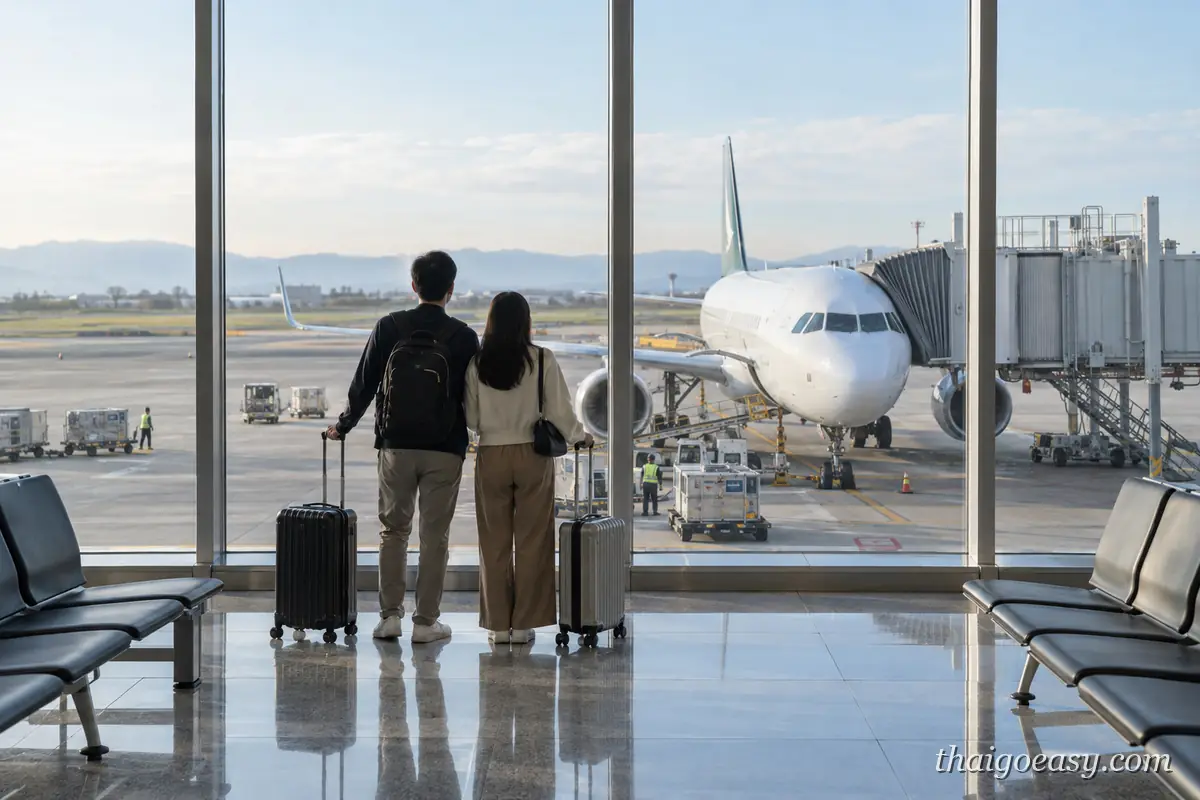 一對旅客在機場候機室的落地窗前，看著停機坪上接好空橋、準備出發的客機