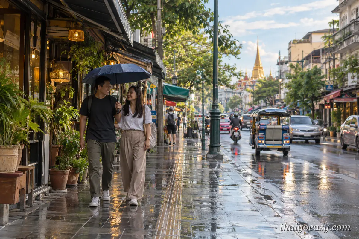 雨天的曼谷街道，一對旅客撐傘走在騎樓下，路上有嘟嘟車，遠方是金色寺廟尖塔