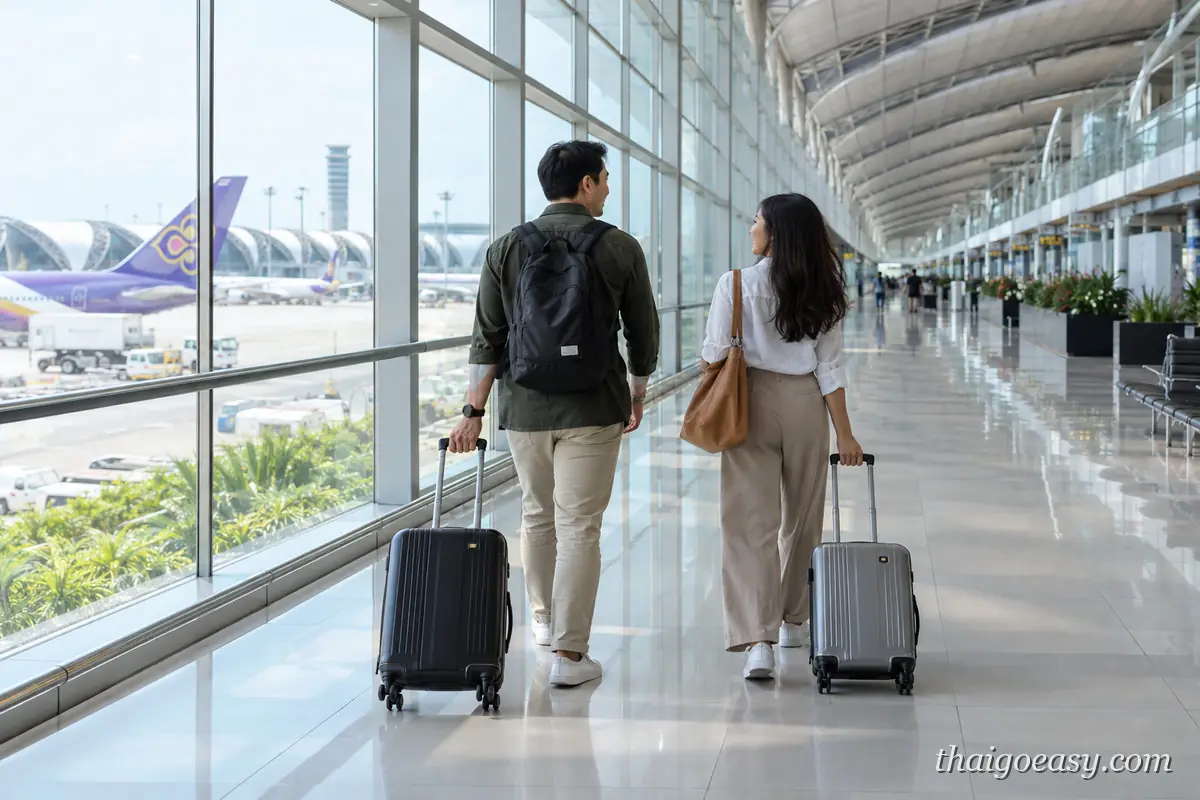 一對旅客拖著行李走在泰國機場航廈走廊，窗外停著泰航客機