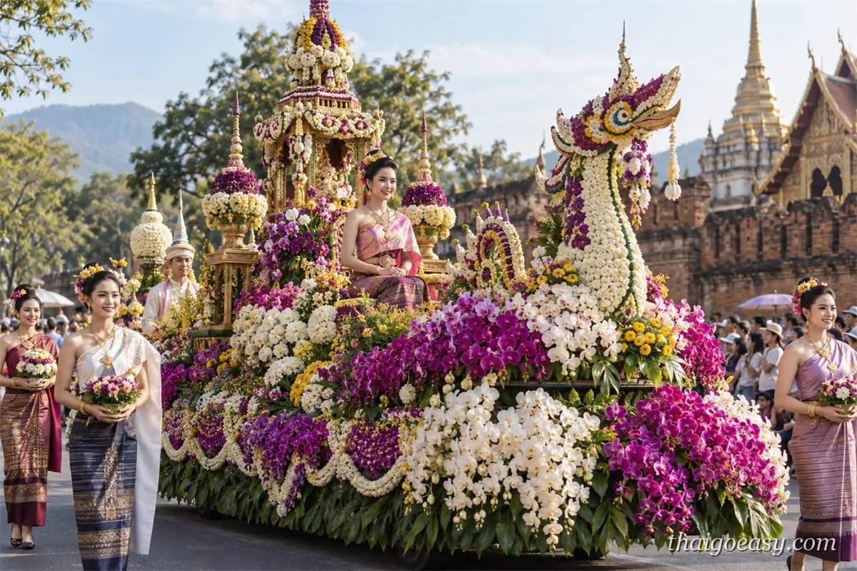 清邁花卉節花車遊行，整台車以紫白蘭花與菊花鋪滿並做出金色神鳥造型，車上與兩側是身穿蘭納傳統服飾的隊伍，背景是古城磚牆與寺廟金塔