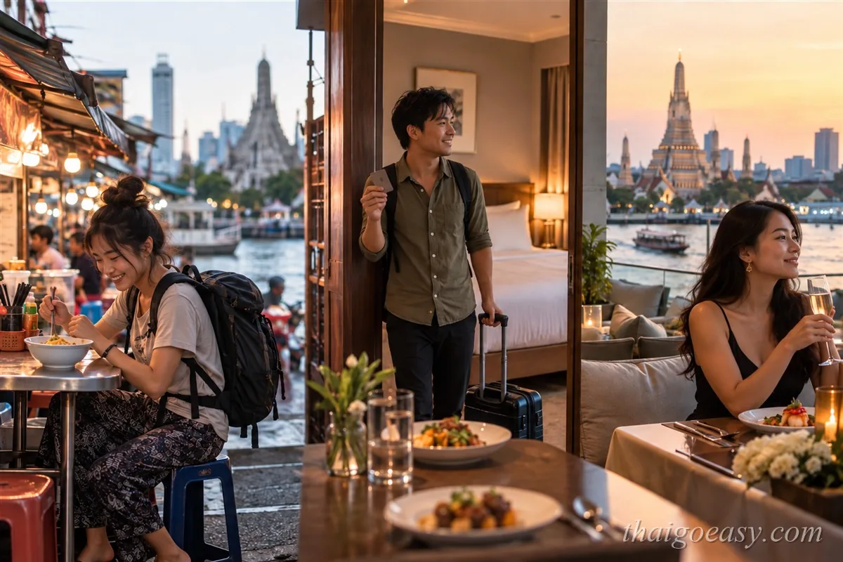 三聯畫面：路邊攤吃麵的背包客、拉行李進飯店的旅客、河景餐廳舉杯的旅客