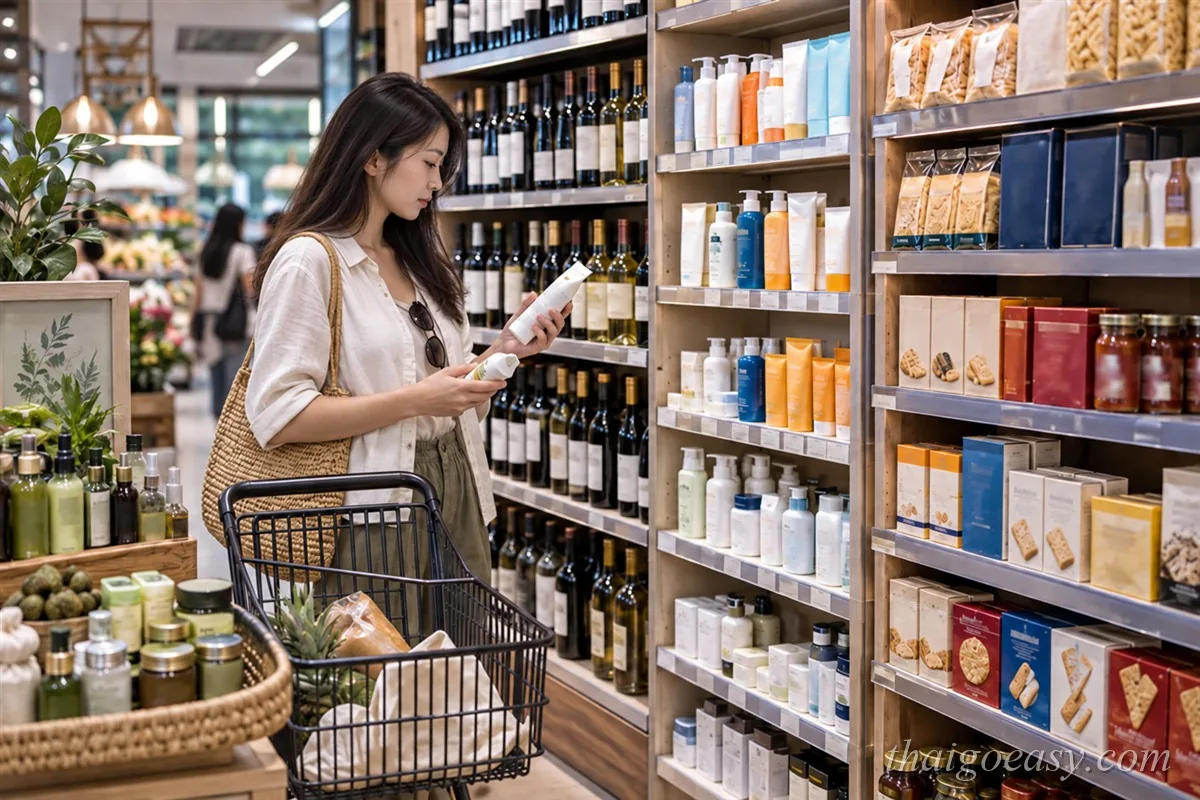 旅客在泰國超市的進口酒與保養品貨架前查看防曬乳價格