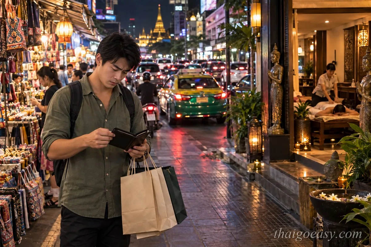 提著購物袋的旅客在夜市街頭翻錢包，身後是塞在車陣裡的計程車與亮著燈的按摩店