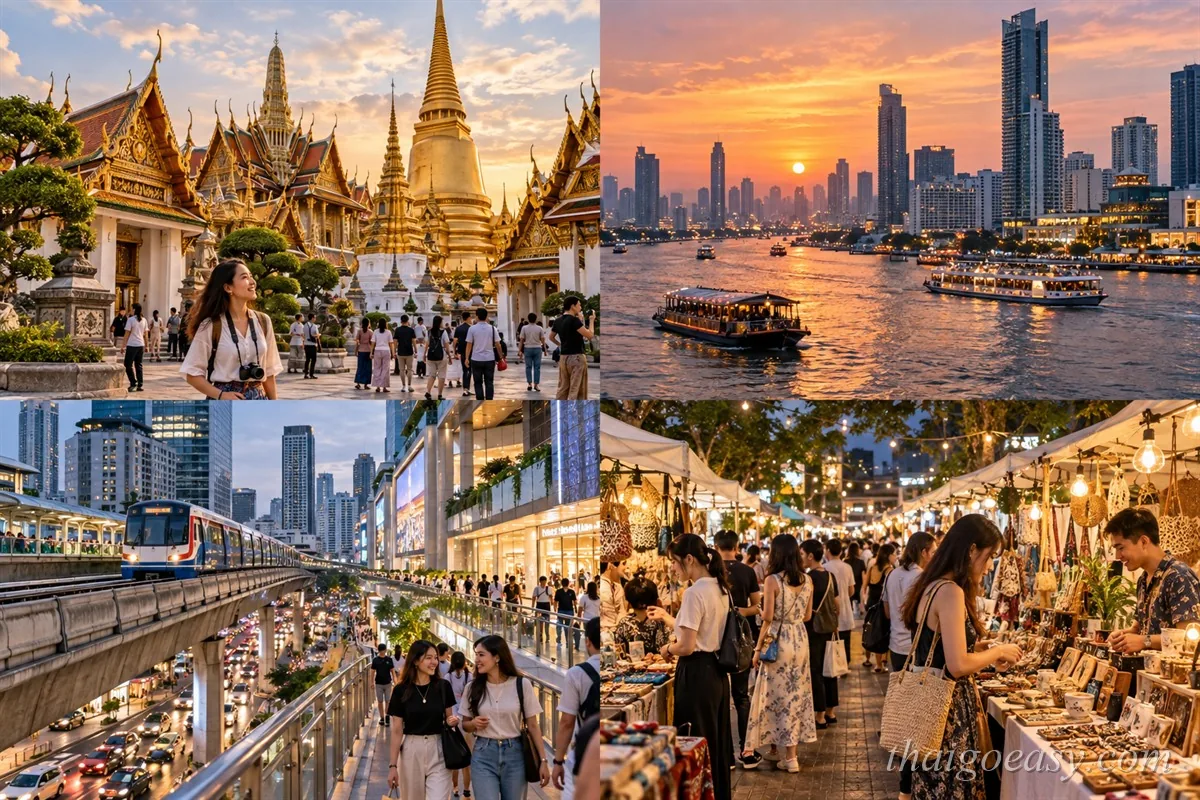 曼谷四個分區拼圖：老城寺廟區的金色佛塔、昭披耶河夕陽與遊船、BTS 空鐵與商場空橋、夜市攤位