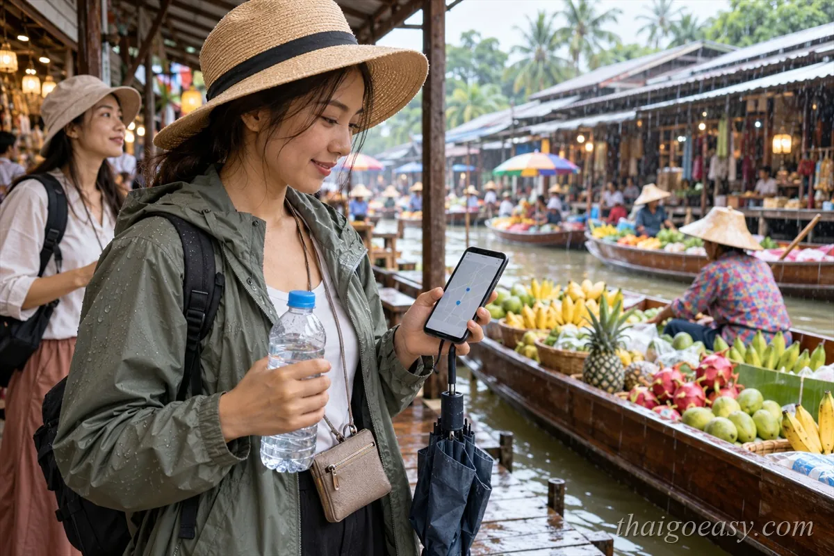 雨天的水上市場:旅客穿防水外套、拿著摺傘與水,一邊看手機導航一邊沿攤棚步道走
