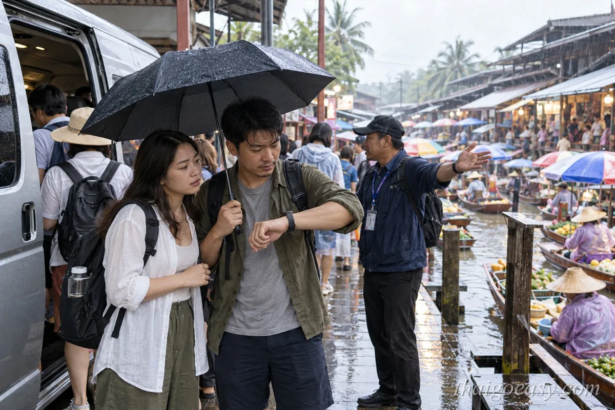 雨天的水上市場：一對旅客撐傘站在濕滑步道上看手錶，導遊在旁催促集合