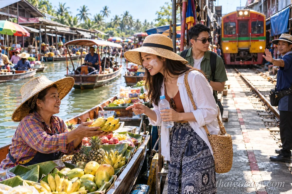 旅客在船邊向攤商買香蕉，手裡拿著水瓶，背景是鐵軌與駛近的火車