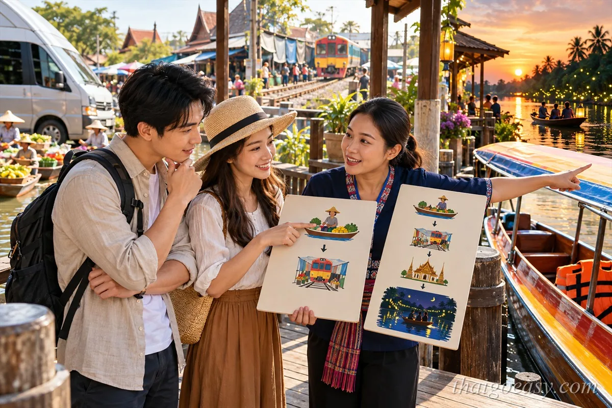 導遊拿著兩張行程圖卡向旅客比較：一張是水上市場加鐵道，另一張多了夜間賞螢