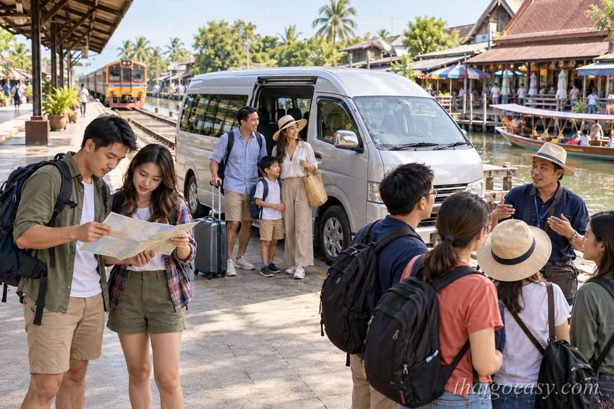 水上市場停車場：一對旅客自己看地圖，旁邊是包車的廂型車與導遊向團客解說