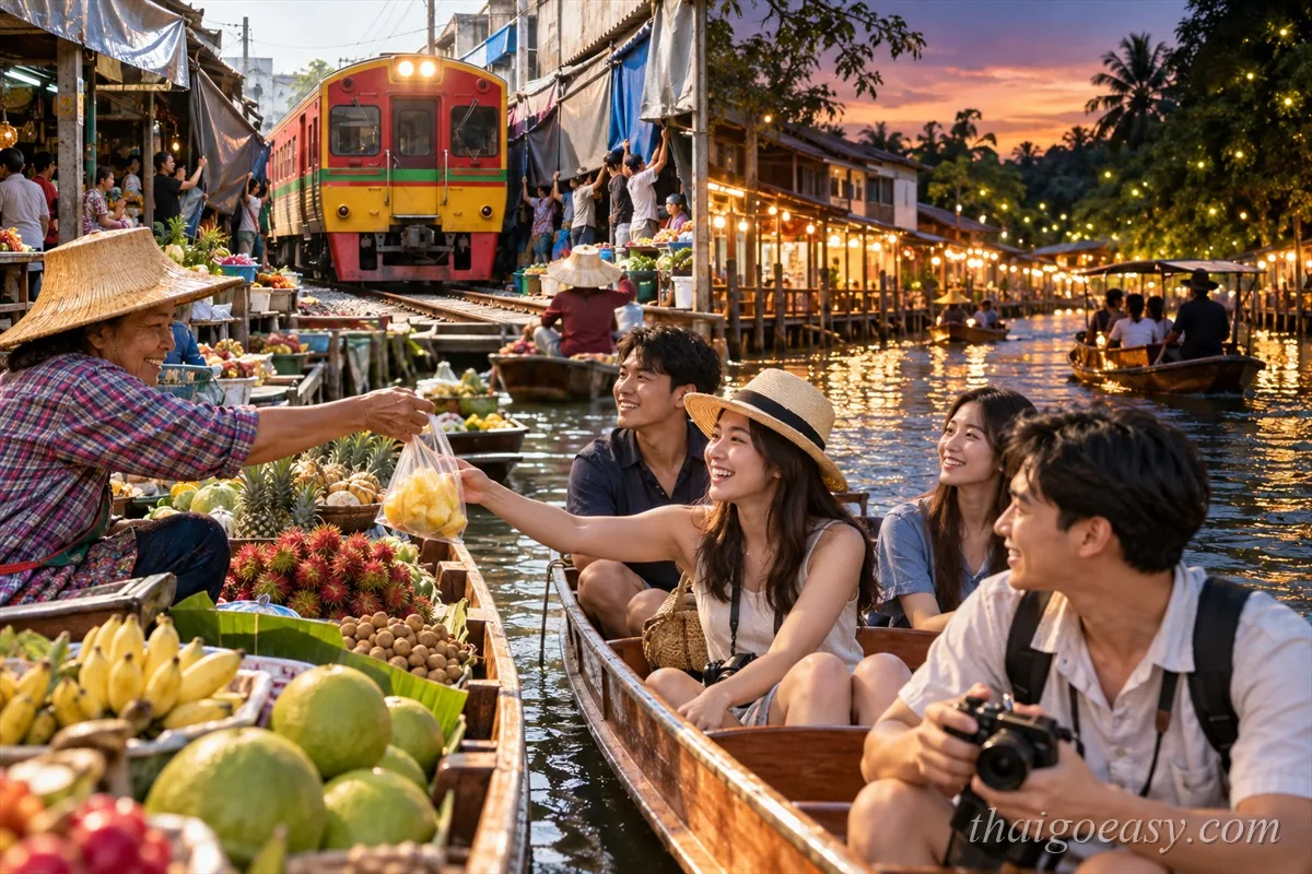 黃昏的水上市場:旅客坐在船上向攤商買水果,背景是停在鐵軌上的美功線火車與亮起燈的攤棚