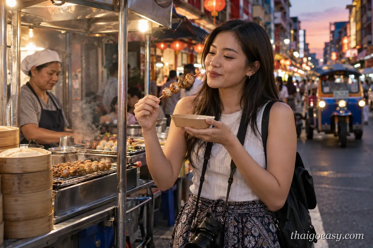 曼谷唐人街夜晚，女性旅客拿著紙碗吃竹籤烤丸子，攤車後方師傅在蒸籠與烤架間忙碌，街上是紅燈籠與霓虹招牌，右側一台藍色嘟嘟車駛近