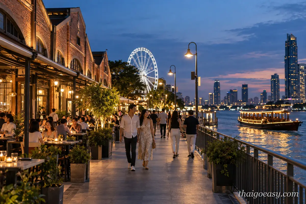 河濱夜市的木棧步道，左側紅磚倉庫改成的餐廳露臺坐滿客人，後方摩天輪亮燈，河面上一艘點燈的遊船駛過，對岸是城市天際線