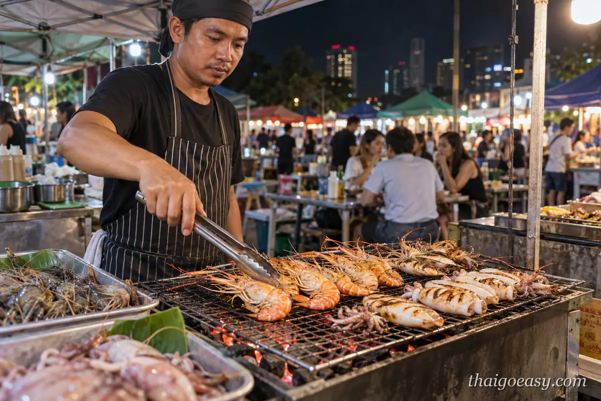 夜市海鮮燒烤攤，師傅用夾子翻動炭火架上的大蝦與整尾魷魚，前方鐵盤裝著生鮮海產，背後是棚下用餐的人潮與城市夜景