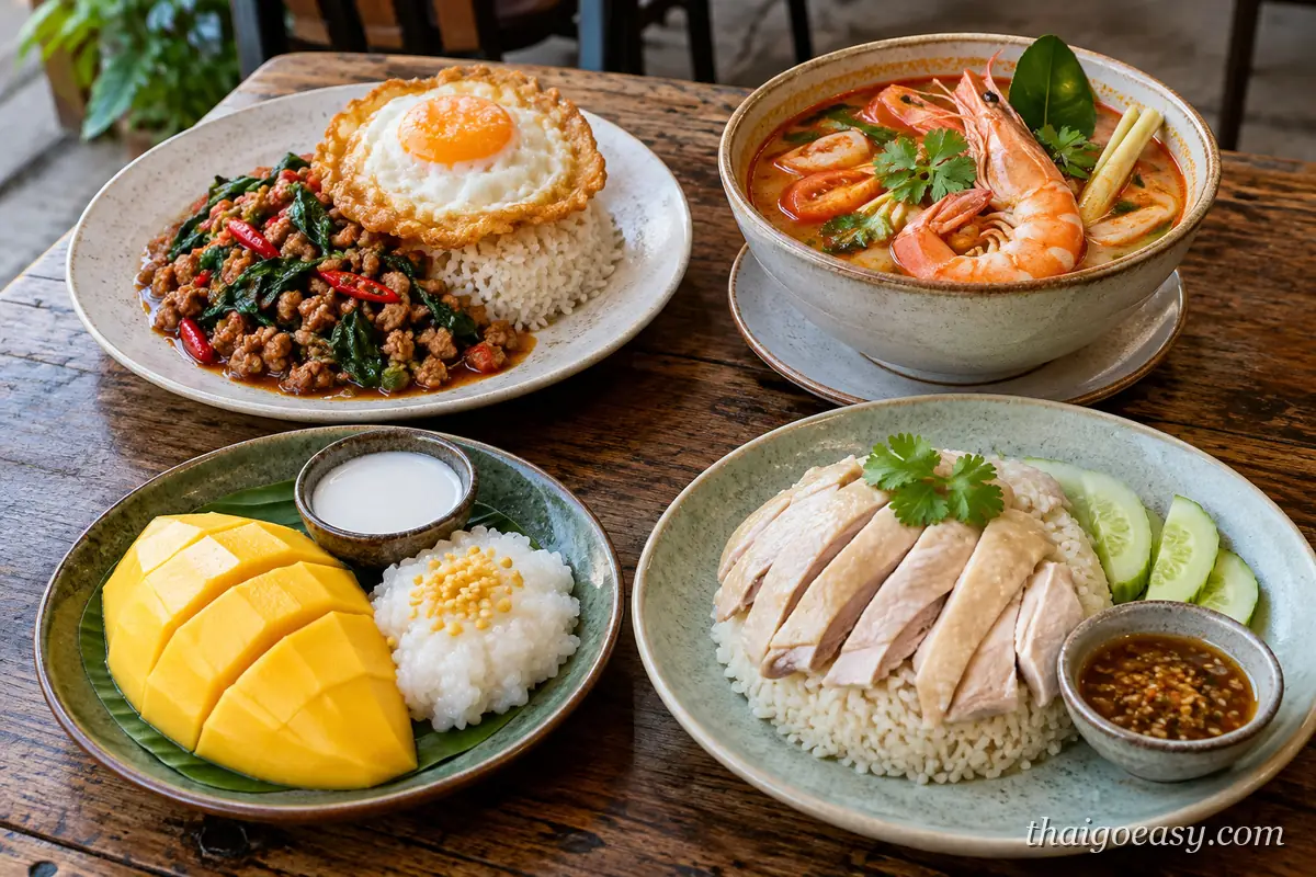 木桌上擺著四道泰式經典：打拋豬配荷包蛋與白飯、冬蔭功蝦湯、芒果糯米飯佐椰奶、海南雞飯配小黃瓜與沾醬