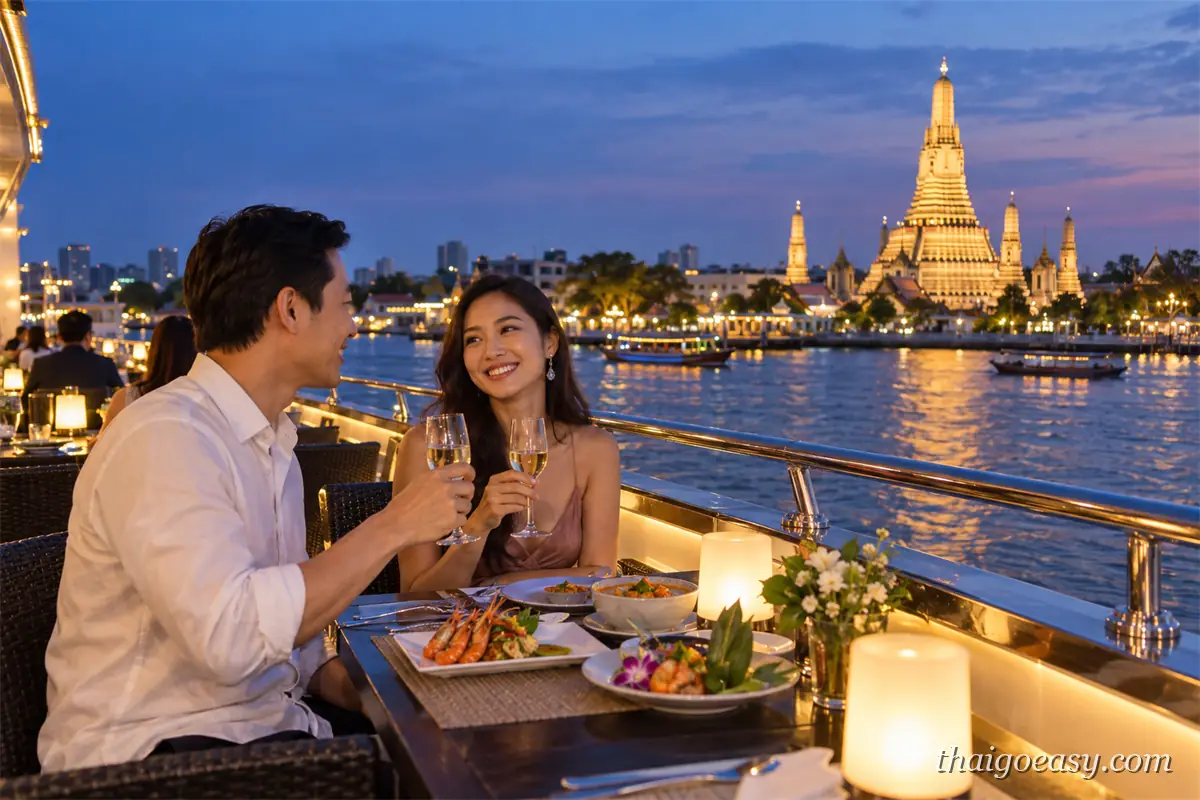 一對旅客在遊船甲板的餐桌邊舉杯，桌上擺著泰式菜餚、蠟燭與花，欄杆外是暮色中的昭披耶河與打上燈光的鄭王廟尖塔