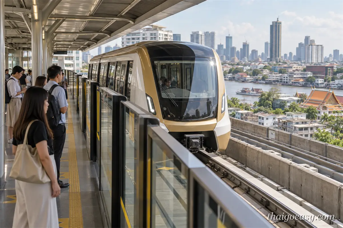 金色車身的列車駛進高架月台，月台閘門後站著等車的旅客，欄杆外可以看到昭披耶河、河上船隻與對岸的寺院屋頂