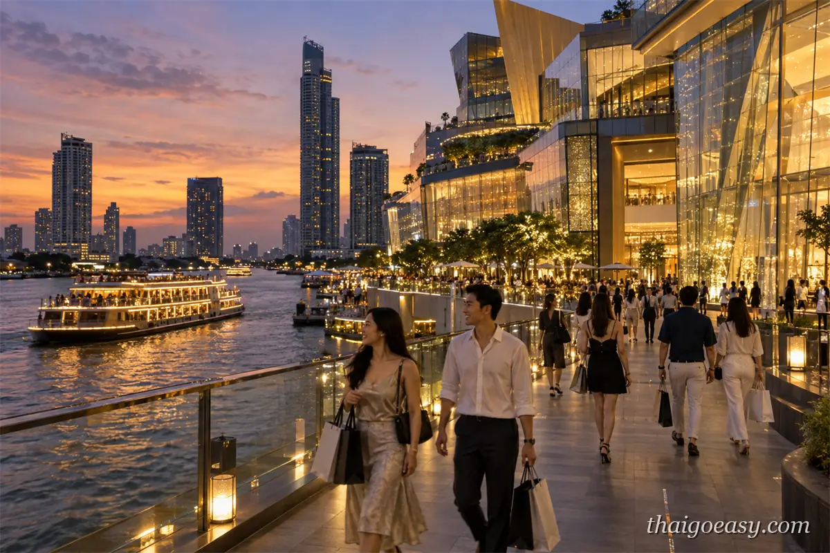 黃昏的河畔商場步道，玻璃帷幕建築亮起金色燈光，提著購物袋的遊客沿著河岸散步，河上一艘燈火通明的遊船駛過，對岸是日落時的天際線