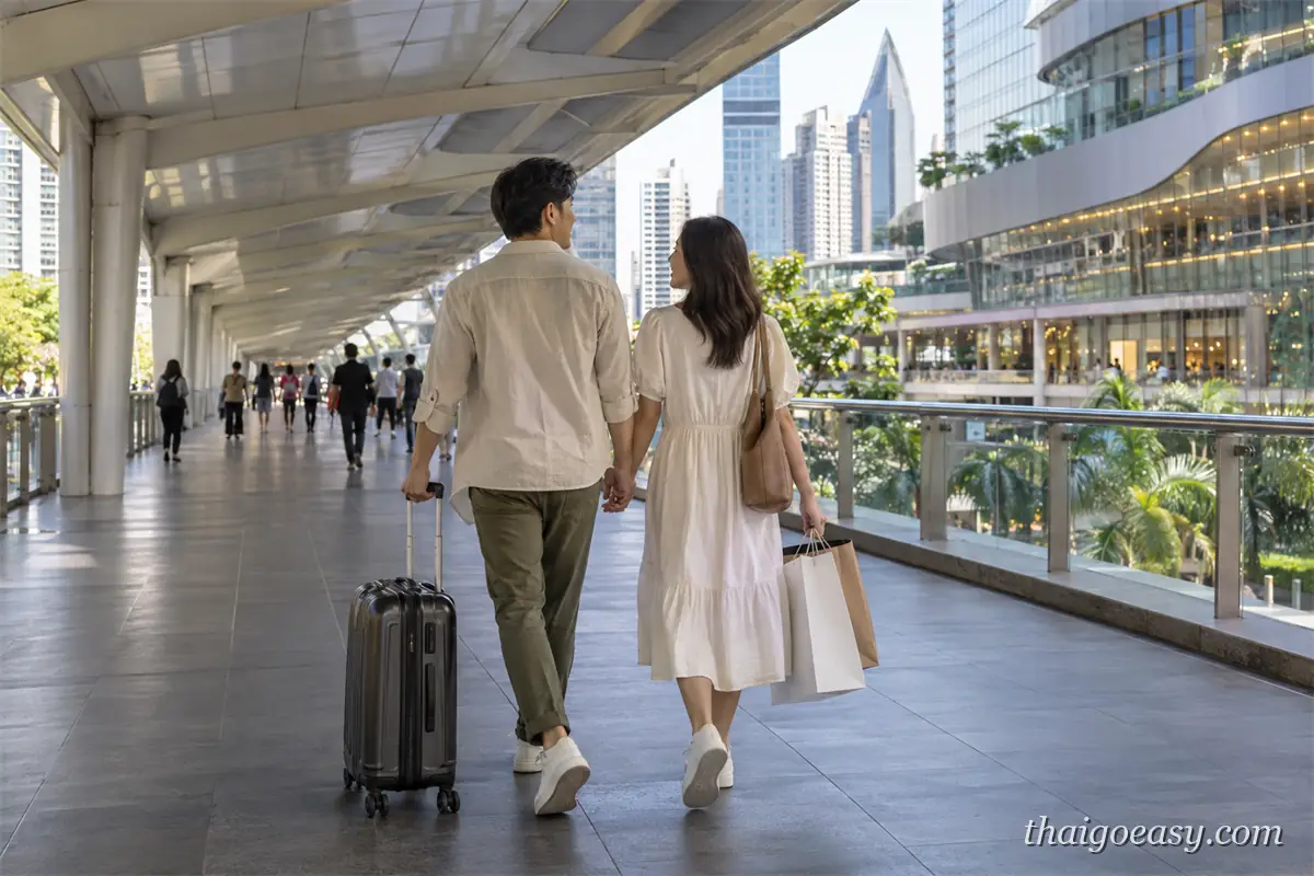 一對旅客拉著行李箱、提著購物袋走在有頂空橋上，右側是亮燈的百貨與棕櫚樹