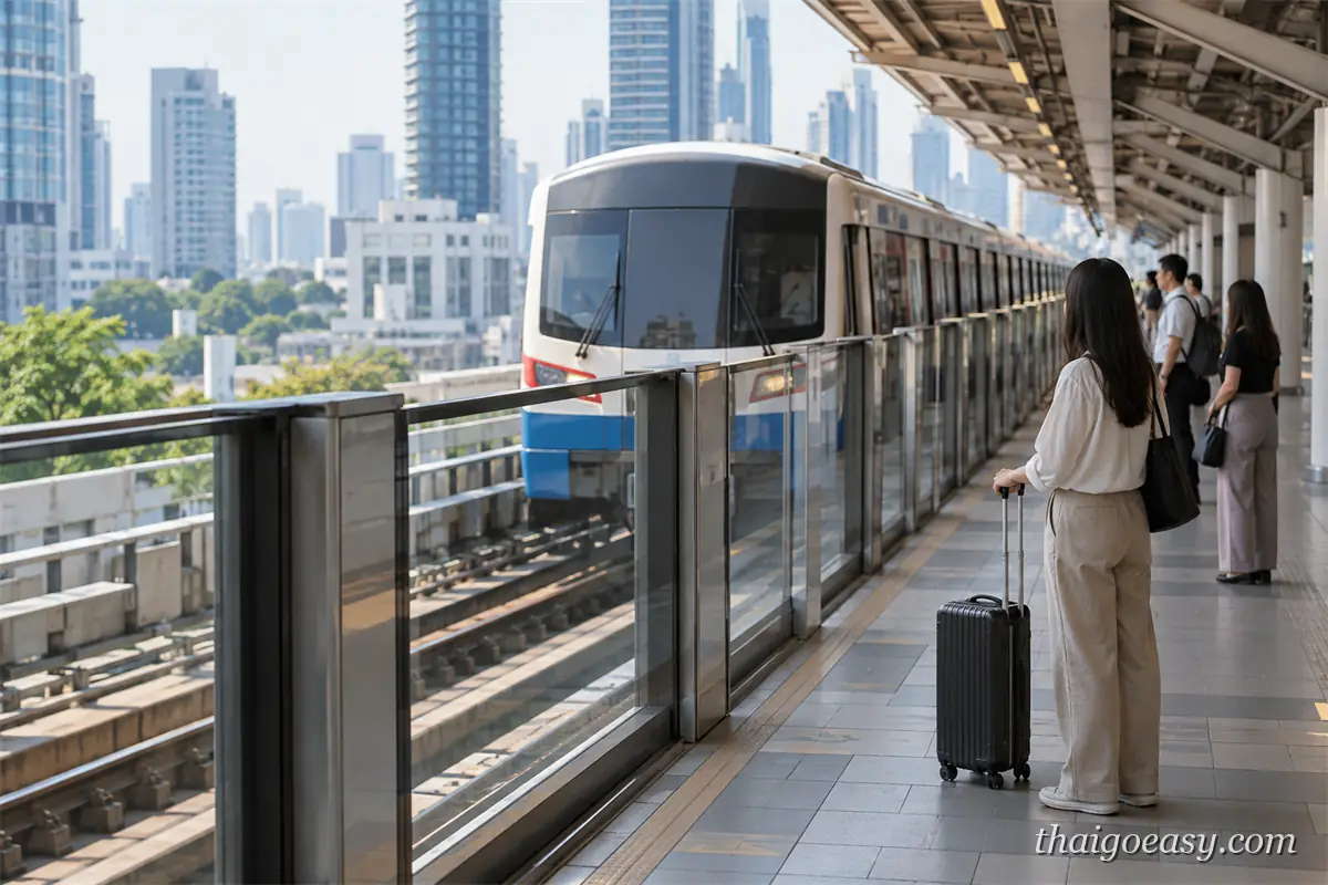 旅客帶著行李箱在 BTS 月台等車，列車正進站，背景是曼谷高樓群