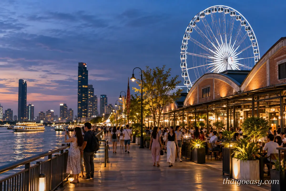 黃昏的 Asiatique 河濱碼頭，木棧道上遊客散步、右側餐廳沿河排開，後方是亮起燈的摩天輪與藍紫色天空