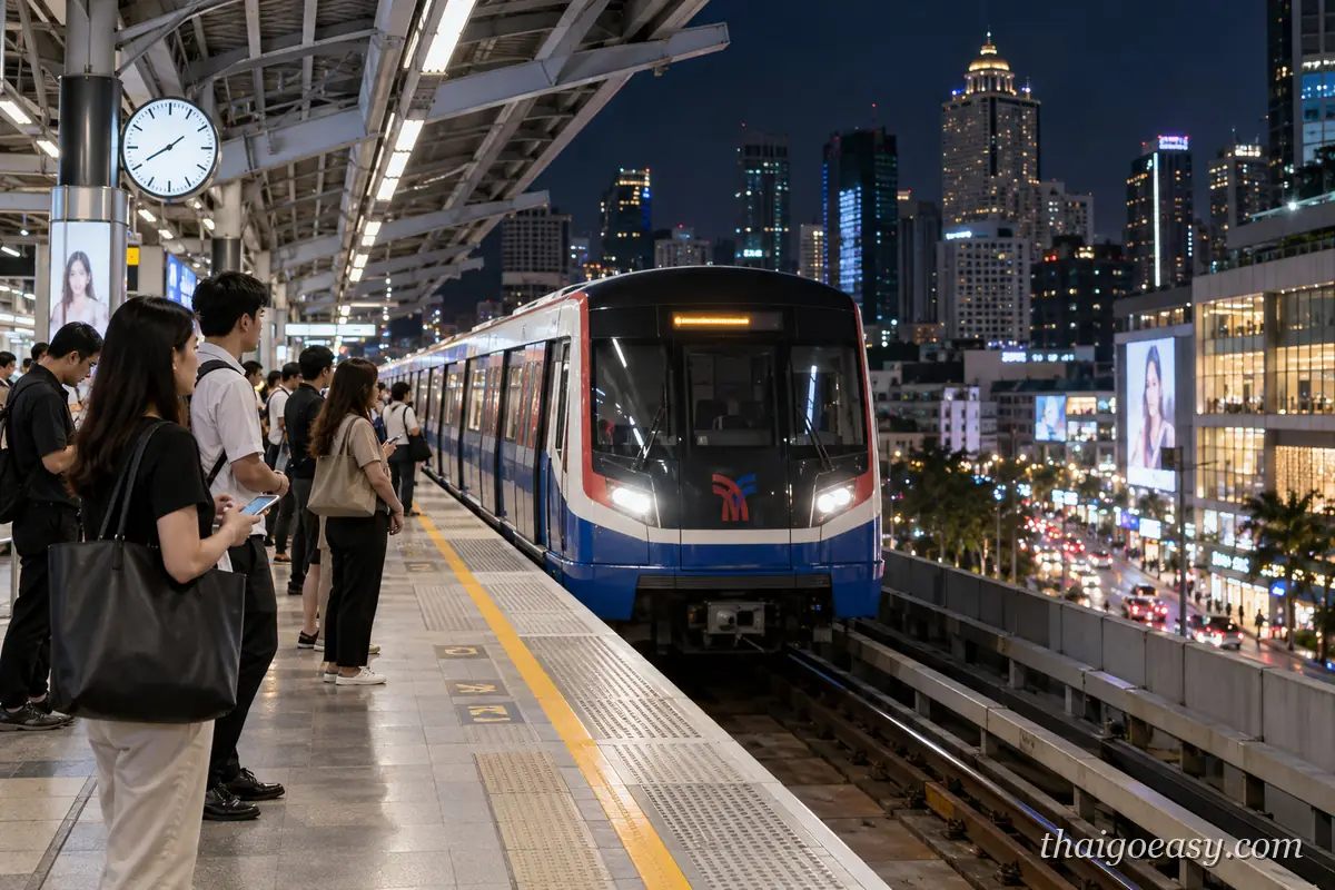 BTS 列車駛進月台，月台上的通勤者與旅客等車，背景是夜晚的城市高樓與車流