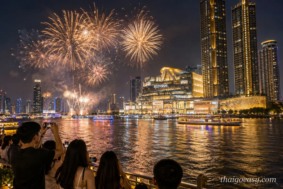 曼谷昭披耶河畔的跨年夜，河上升起金色煙火，對岸亮著燈的 ICONSIAM 與兩棟高樓倒映在水面，前景是舉著手機拍攝的人群