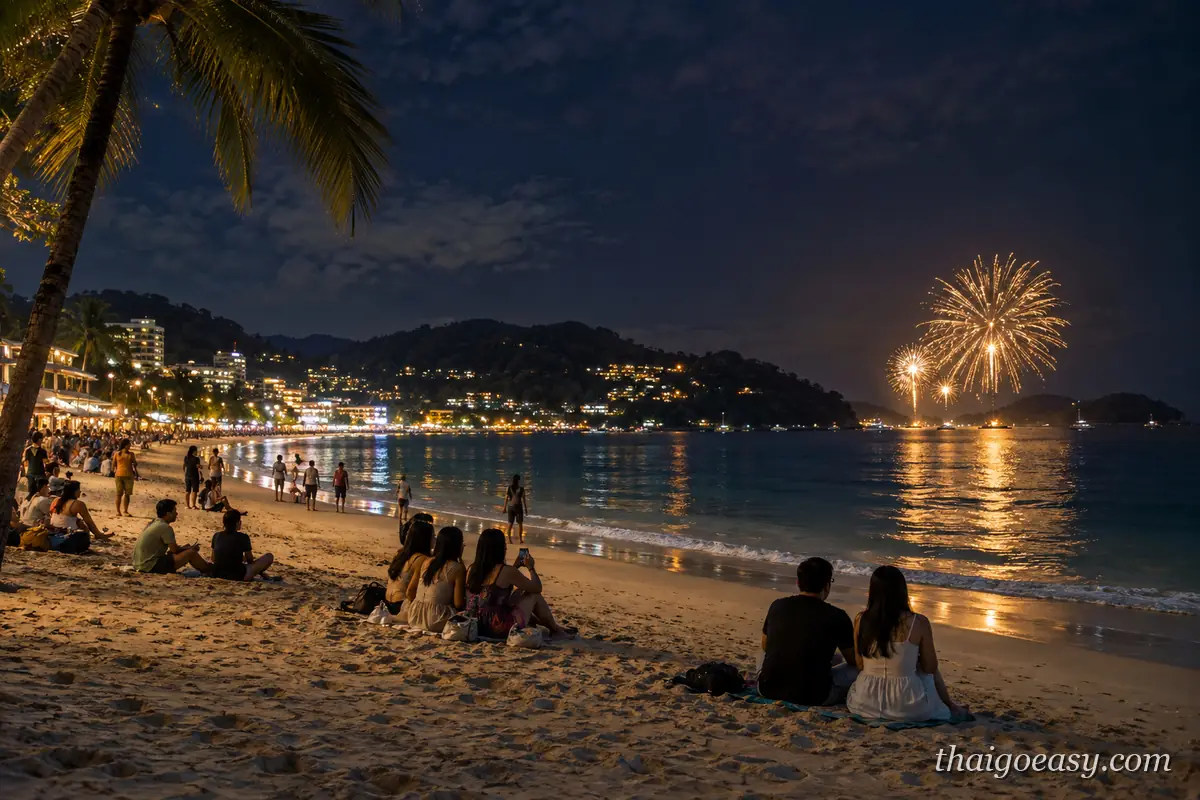 夜晚的海灘，遊客坐在沙灘上望向海面，遠處海上升起煙火，岸邊山坡亮著燈火