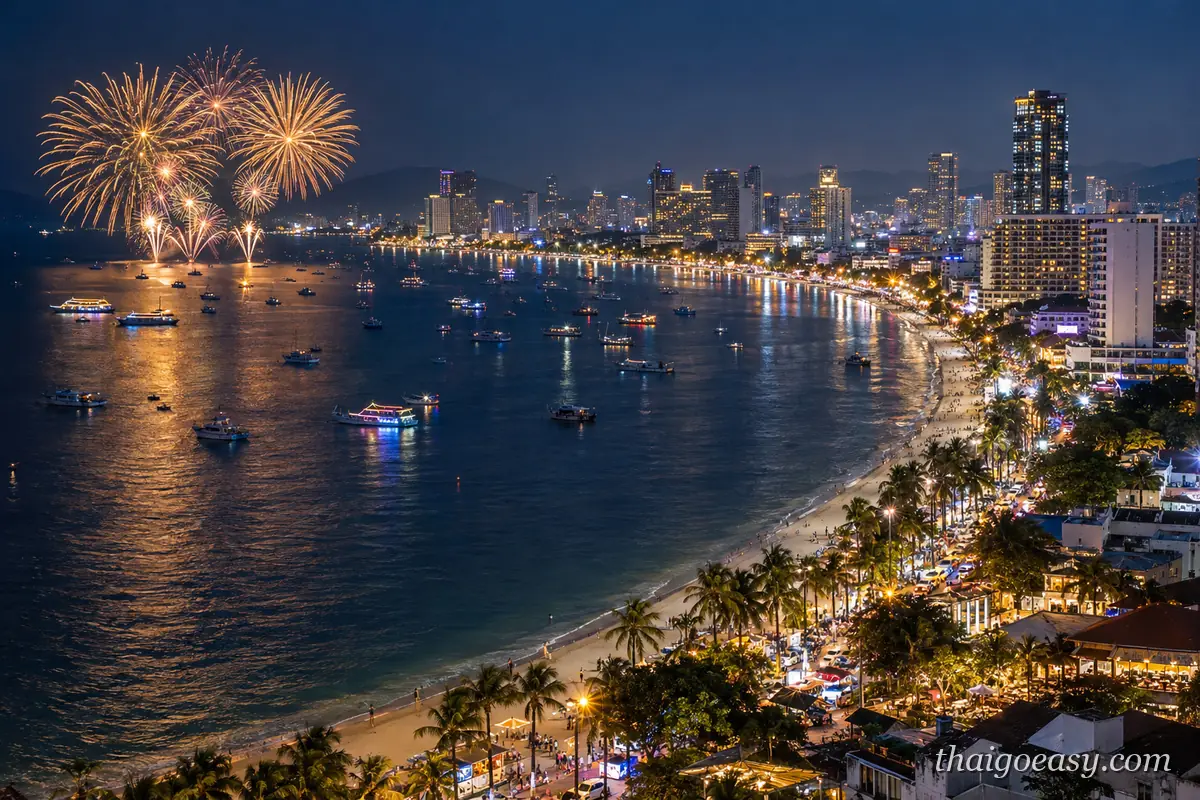 從高處俯瞰芭達雅海灣的夜景，彎月形海岸線燈火通明，海面上方綻放金色煙火，海上停著許多船