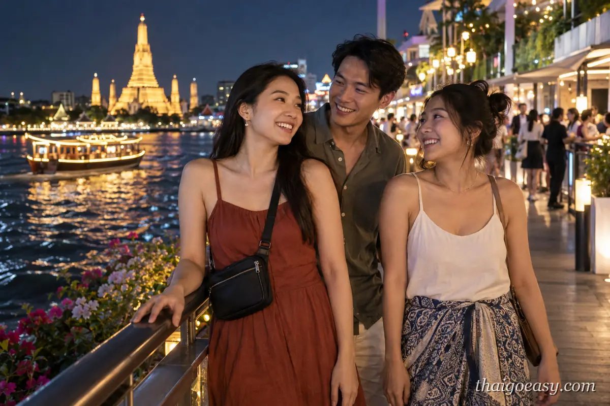 夜晚的昭披耶河畔步道，三位朋友並肩微笑，背後是亮著燈的鄭王廟與河上的遊船