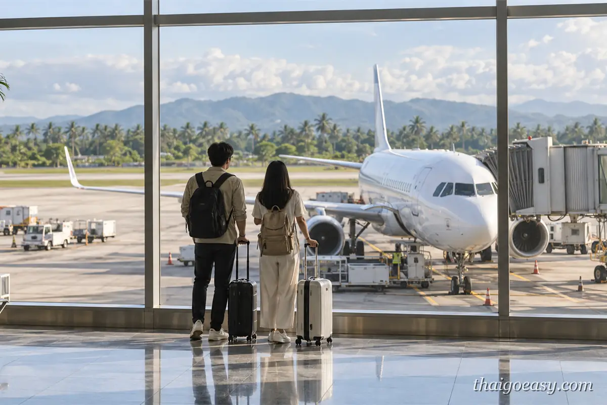 一對旅客拖著行李站在機場落地窗前，看著停靠在登機門的客機，遠方是棕櫚樹與山