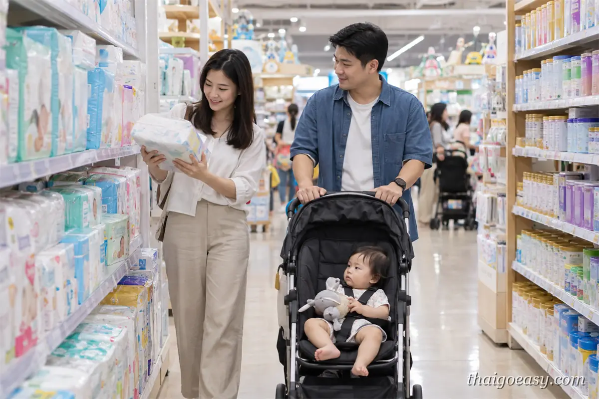 一對夫妻在尿布與嬰兒用品貨架前挑選，爸爸推著坐有嬰兒的嬰兒推車