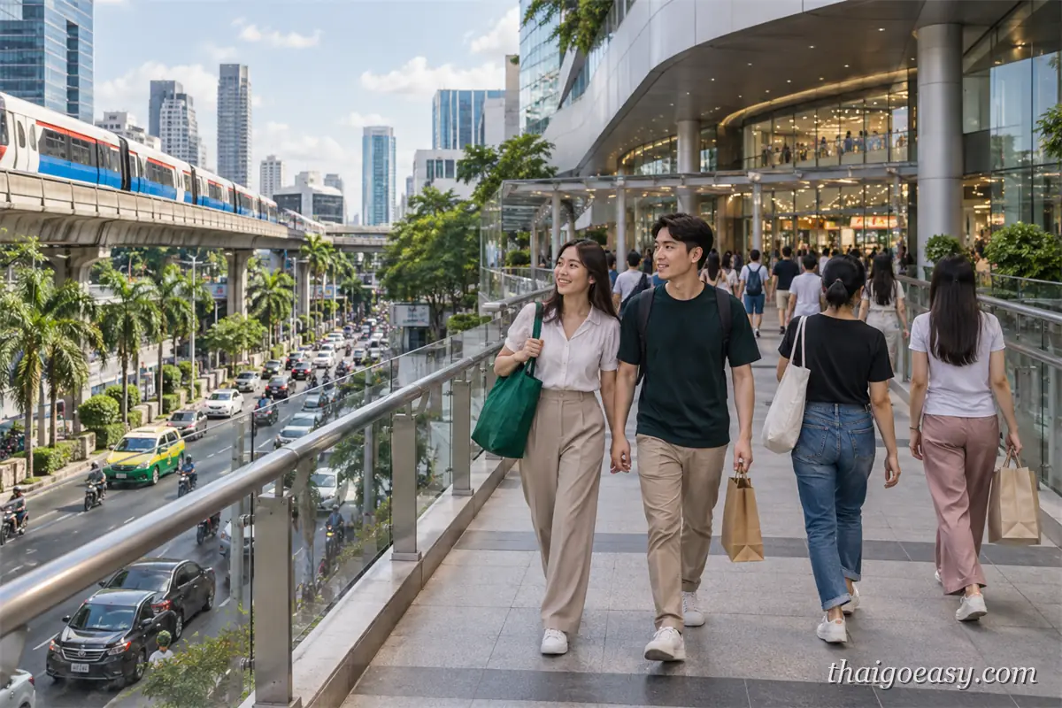 曼谷高架電車從市區道路上方駛過，一群拎著購物袋的行人走在通往商場的空橋步道上