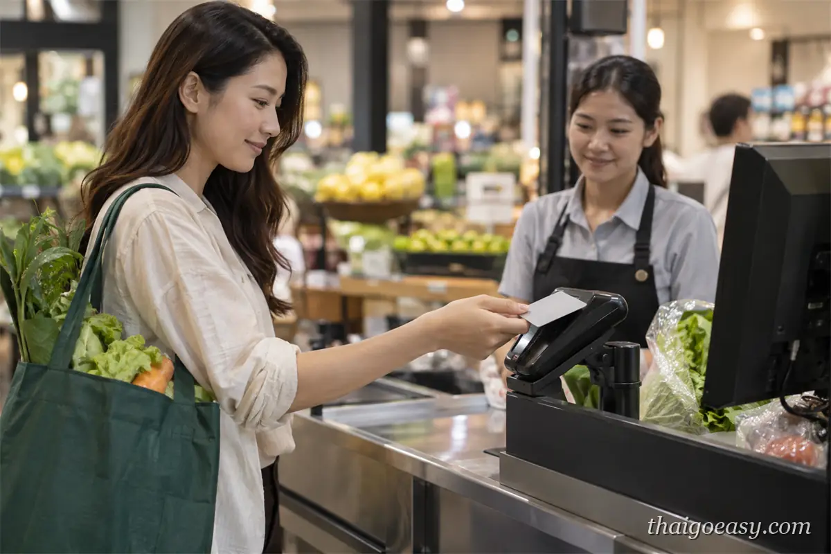 女子在超市收銀台用卡片感應付款，環保袋裡裝著蔬菜，收銀員微笑接待