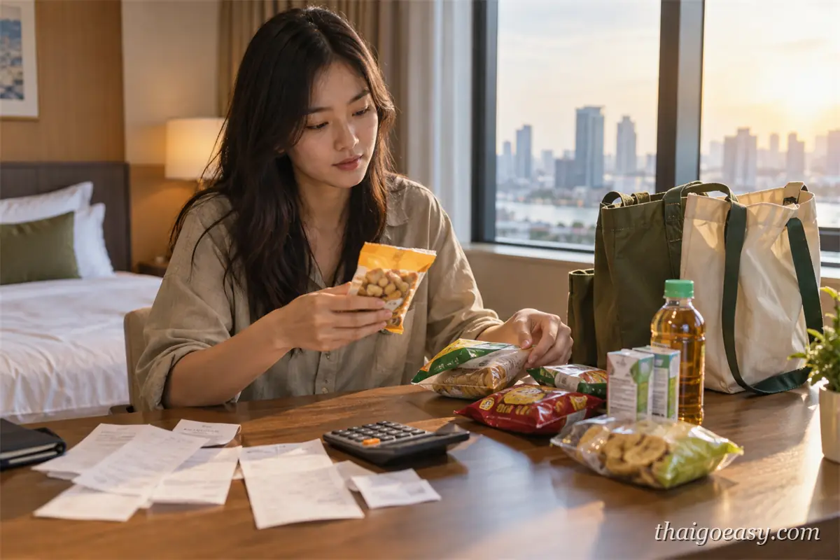 飯店房間的書桌上，一名女子看著一包零食，桌上散放收據、計算機與多包零食，旁邊是購物袋