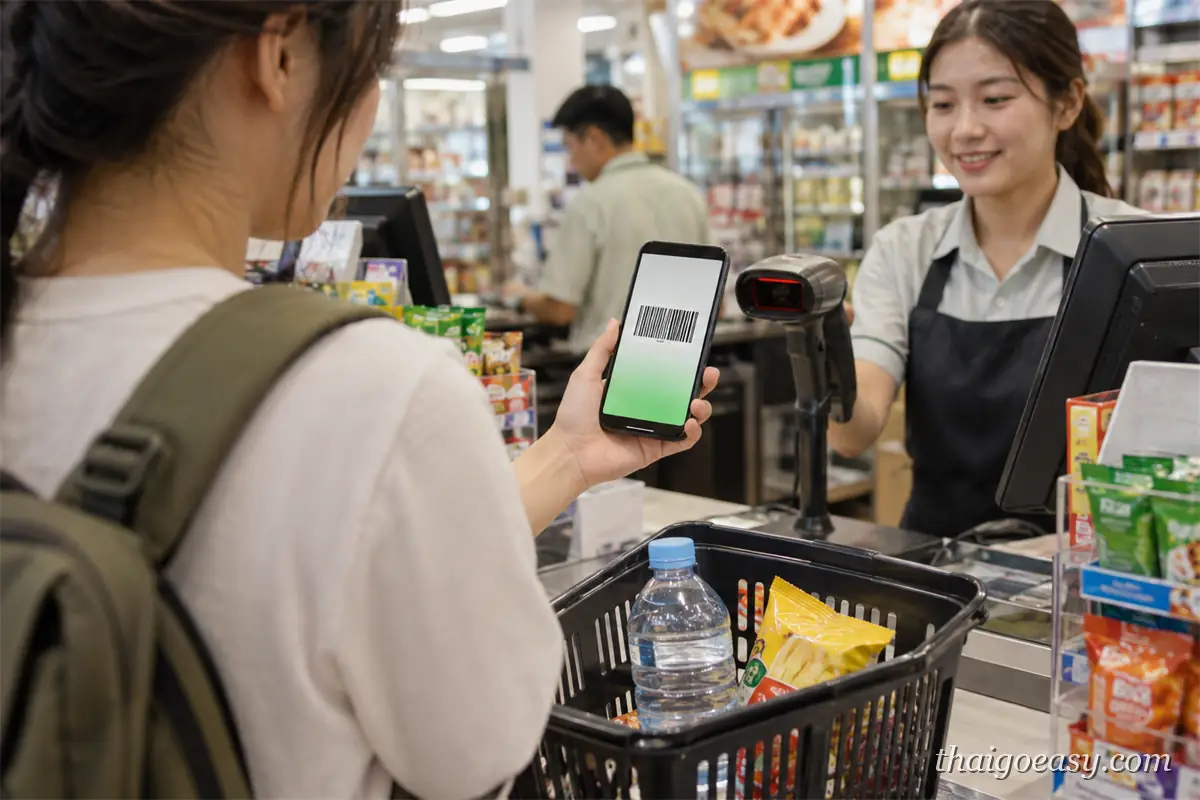 收銀台前，旅客舉著手機出示條碼給店員掃描，購物籃裡放著瓶裝水與零食