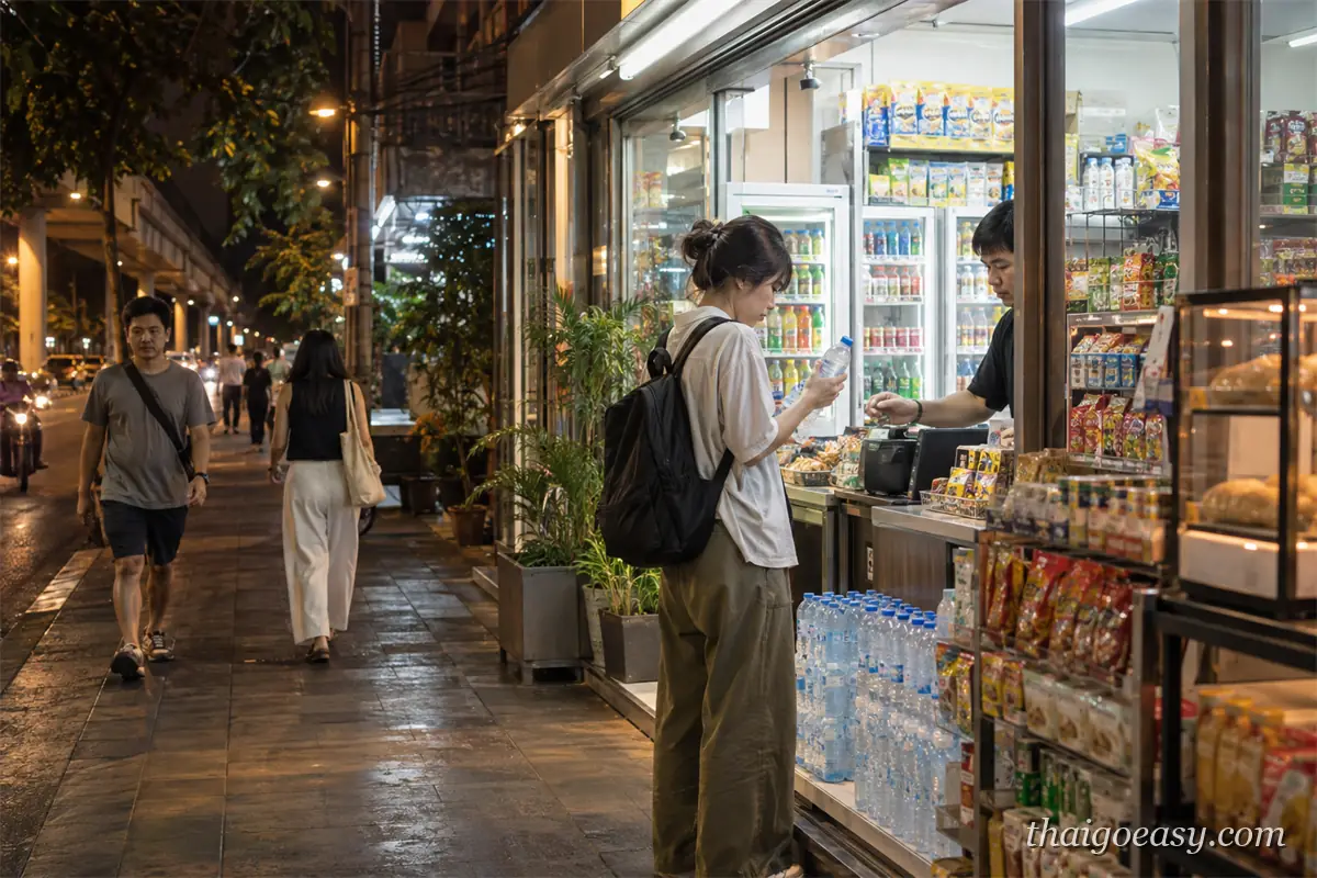 夜晚街邊的便利商店，一名揹包旅客在店門口拿著瓶裝水，貨架上是飲料、零食與麵包