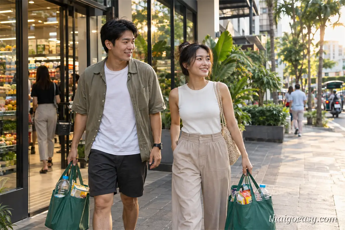 一對旅客拎著綠色環保購物袋走出超市，背景是種有棕櫚樹的街道